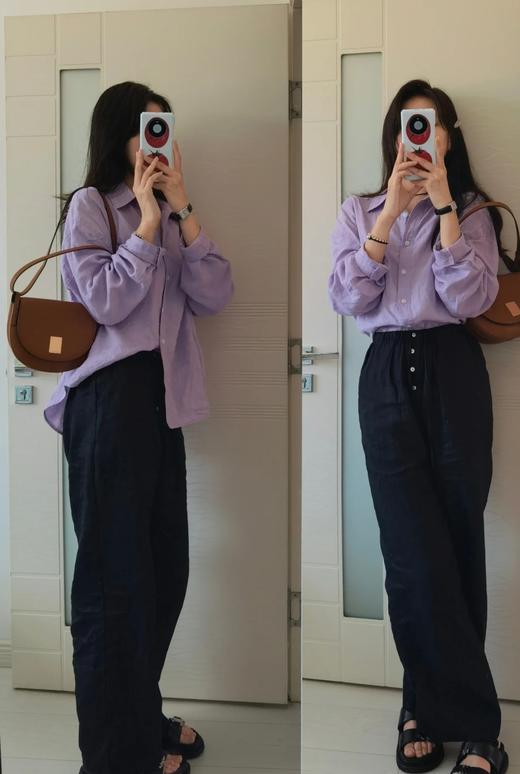 超慵懒松紧腰系带简约直筒砂洗亚麻阔腿裤百搭长裤 商品图2