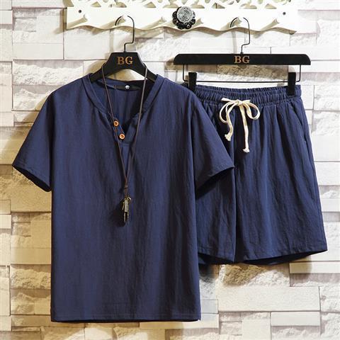 【亚麻短袖短裤套装】中国风宽松大码 V领t恤夏季潮流休闲运动两件套 休闲装 商品图9