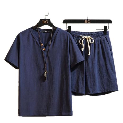 【亚麻短袖短裤套装】中国风宽松大码 V领t恤夏季潮流休闲运动两件套 休闲装 商品图4