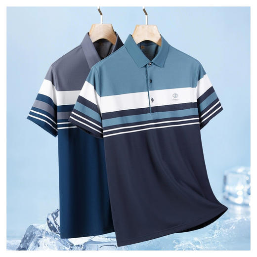 半身缘男装 夏季半袖拼色间条纹爸爸装宽松短袖POLO衫252312M03912188 商品图0