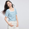 【专属特价】熙世界小香风撞色方领T恤女夏季新款宽松显瘦泡泡袖正肩蓝色上衣 商品缩略图4