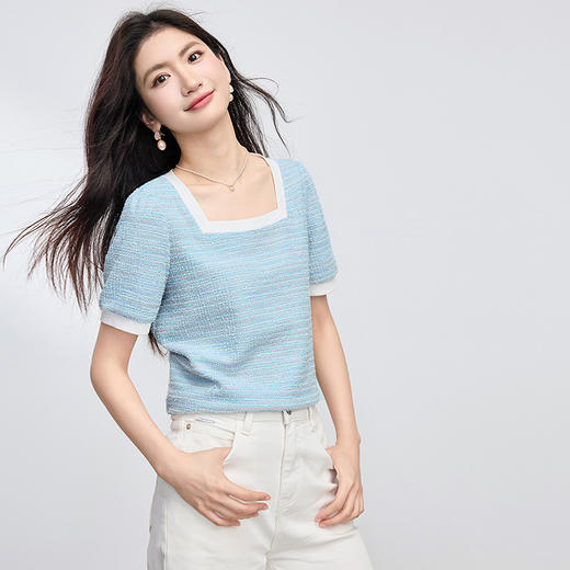 【专属特价】熙世界小香风撞色方领T恤女夏季新款宽松显瘦泡泡袖正肩蓝色上衣 商品图4