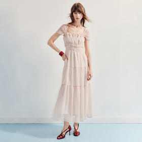 优雅度假风连衣裙25夏法式优雅抽褶长裙气质感(货号:MF86DR254E2002)
