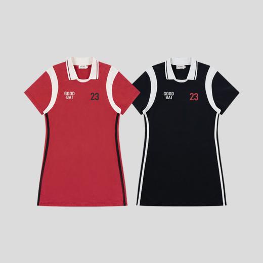 GOODBAI 粗体23logo印花翻领撞色插片织带短袖直筒连衣短裙 商品图1