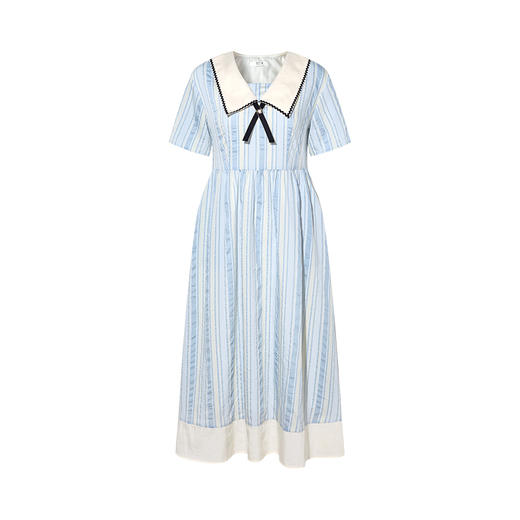 两三事 羽化成诗 2025夏季新款小清新刺绣海军领条纹a字连衣裙 商品图4