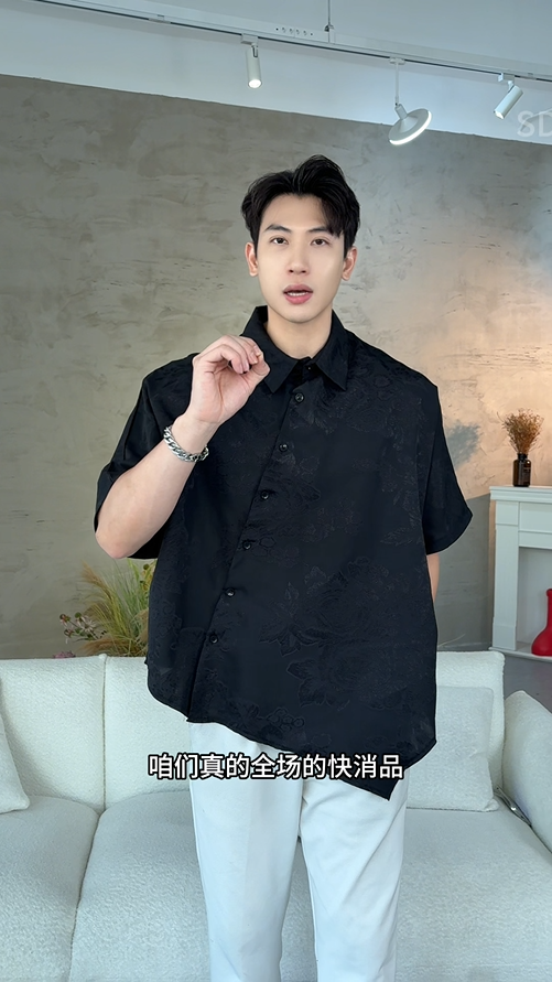 CS52夏季国风新款牡丹提花男士国潮中式衬衫复古宽松印花