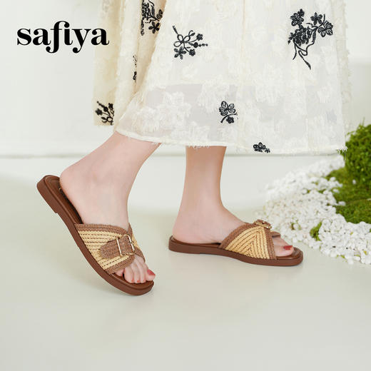 预售7天|Safiya/索菲娅2025复古方头编织平底休闲百搭外穿高级感拖鞋 SFD2110372 商品图0