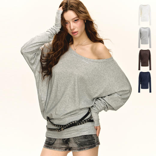 Ariseism 美式复古纯色宽松露肩长袖T恤女春季新款休闲上衣 商品图0