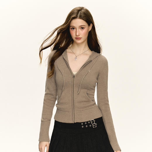 Ariseism 美式复古修身连帽拉链开衫毛衣女春秋新款上衣 商品图1