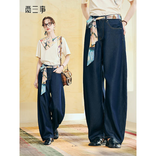 两三事哲思永续2025夏季新款时尚印花丝带装饰弯刀裤牛仔裤女宽松 商品图0