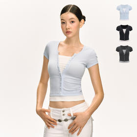 Ariseism 美式复古假两件短款短袖T恤女夏季新款修身外穿上衣