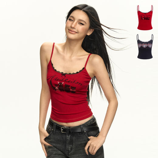 Ariseism美式复古设计感猫咪印花蕾丝吊带背心女夏季新款外穿上衣 商品图0