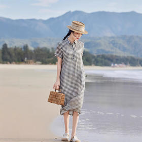 文艺苎麻格子，连衣裙短袖中长裙 HS25851