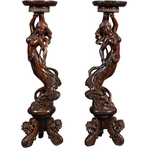 二十世纪	红木雕仕女落地灯台（一对） 商品图5