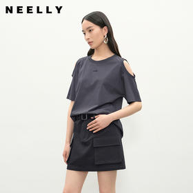 NEELLY纳俪商场同款夏季新款时尚露肩短袖T恤女简约百搭休闲上衣N25053T01166