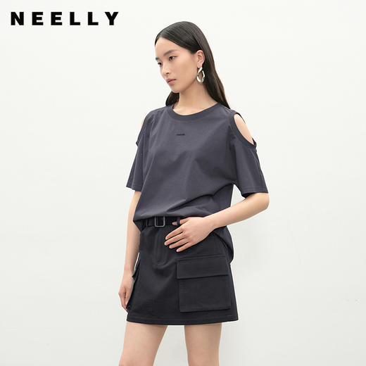 NEELLY纳俪商场同款夏季新款时尚露肩短袖T恤女简约百搭休闲上衣N25053T01166 商品图0