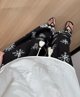 民族风黑白撞色抽绳阔腿裤060605