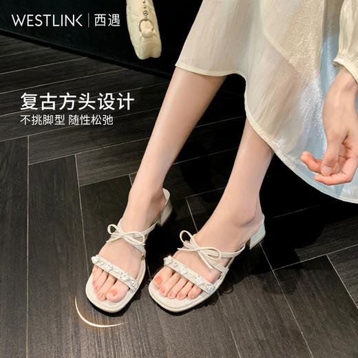 西遇粗跟凉拖鞋女夏外穿新款绝美水钻蝴蝶结配裙子中跟凉鞋K1156796 商品图2
