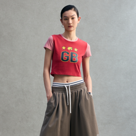 GOODBAI GB白鸽星星印花撞色拼接圆领紧身短款T恤