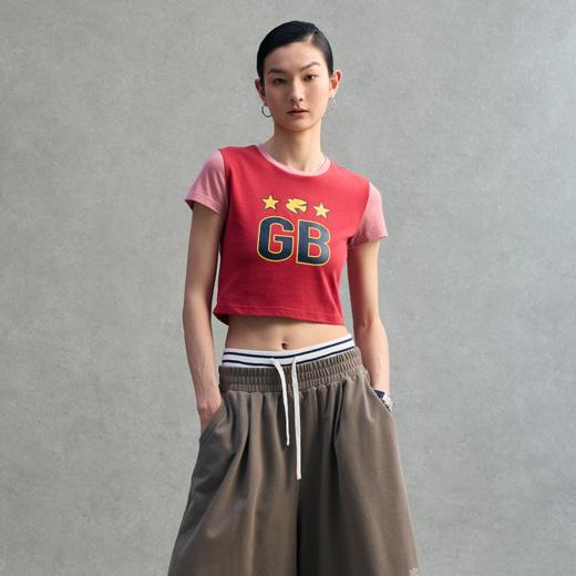 GOODBAI GB白鸽星星印花撞色拼接圆领紧身短款T恤 商品图0