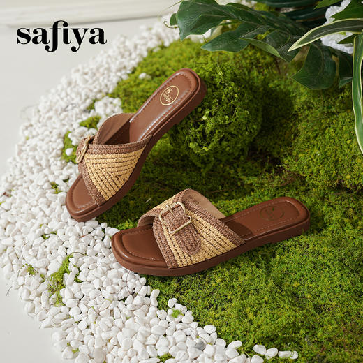 预售7天|Safiya/索菲娅2025复古方头编织平底休闲百搭外穿高级感拖鞋 SFD2110372 商品图6