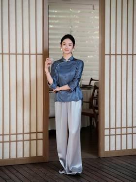 盛唐婧| 极简缎光松紧腰阔腿裤-蓝色