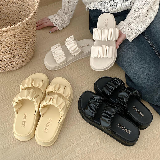 【厚底休闲凉拖鞋】夏季厚底休闲时尚褶皱沙滩鞋网红个性仙女风舒适外穿双带凉拖鞋女。ry 商品图1