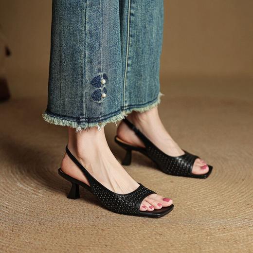 【预售5天】水洗头层牛皮！极简高跟凉鞋女新款真皮编织镂空细跟露趾凉鞋HB&0075 商品图4