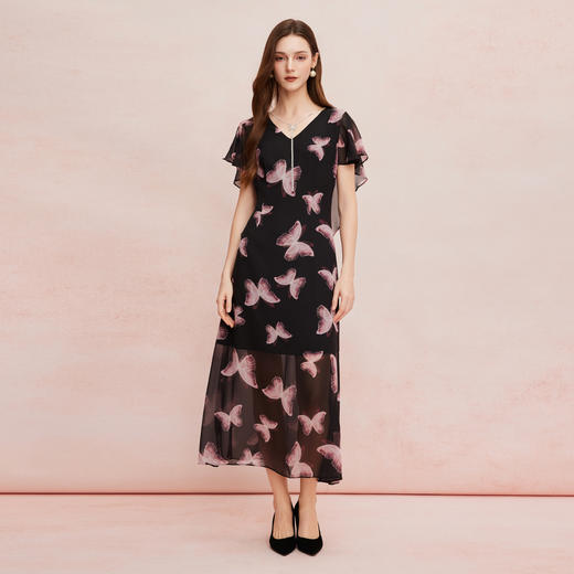 QF898斯尔丽25新款法式浪漫荷叶袖边轻盈印花收腰放摆可脱卸钻链连衣裙 商品图3