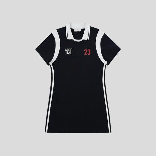 GOODBAI 粗体23logo印花翻领撞色插片织带短袖直筒连衣短裙 商品图3