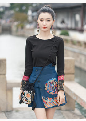 【断码捡漏】民族风女装中式复古绣花圆领长袖t恤修身打底衫上衣