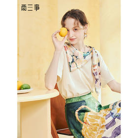 两三事 时光速写 2025夏季新款复古印花三角围巾领短袖t恤女宽松