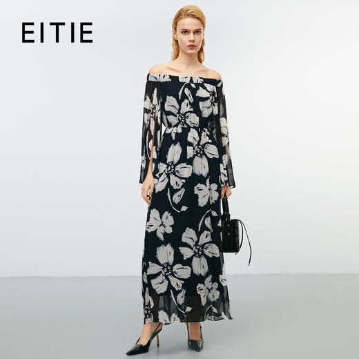 EITIE爱特爱秋新款气质通勤一字领印花收腰连衣裙7907602 商品图0