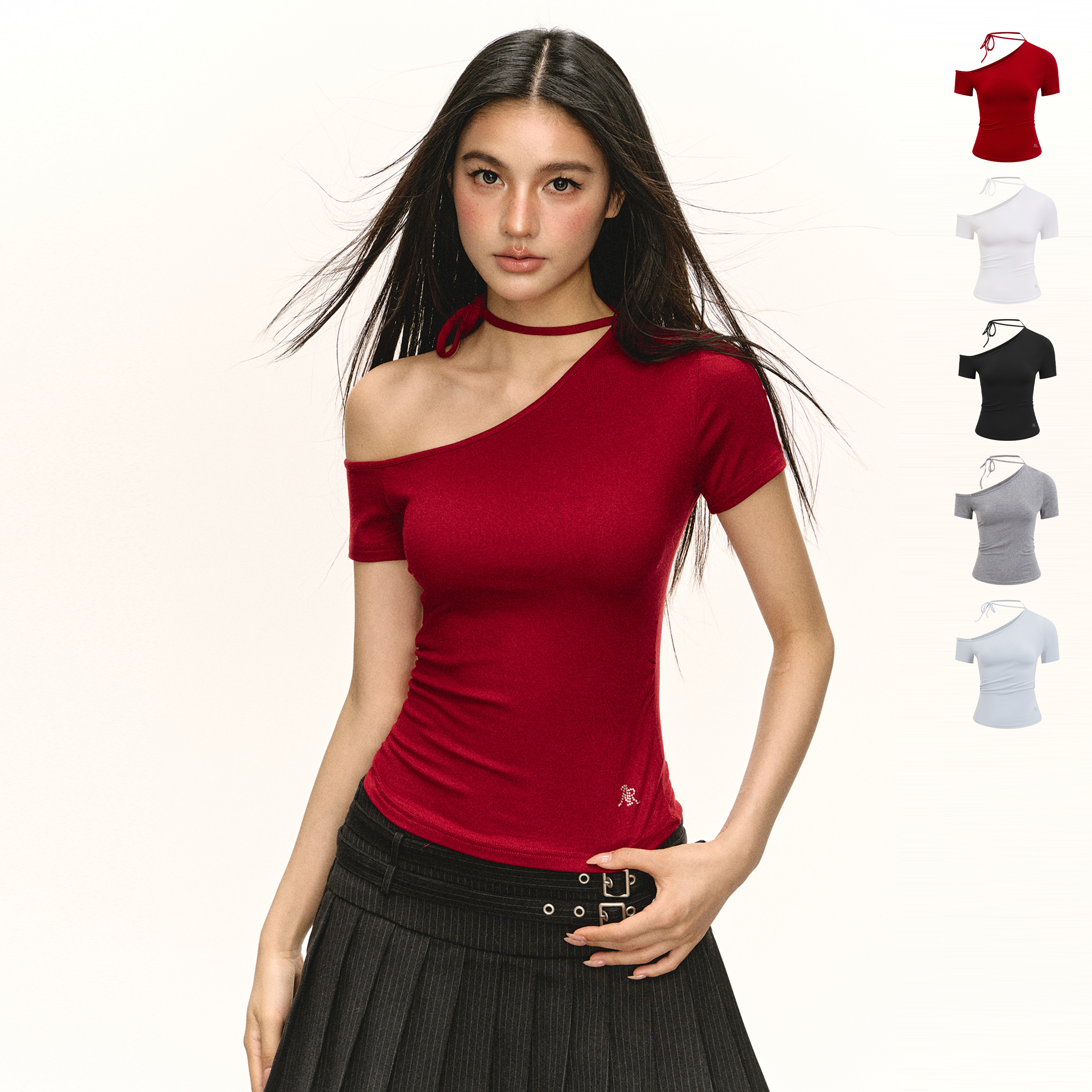 Ariseism  美式复古红色斜肩修身短袖t恤女夏季新款辣妹打底上衣