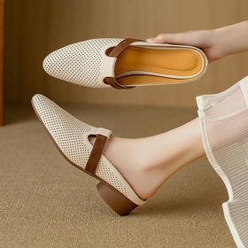 【预售5天】法式透气镂空包头半拖鞋女新款夏软皮圆头凉拖懒人低跟穆勒鞋DB&M5961