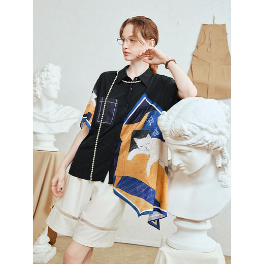 两三事 月半夜曲 2025夏季新款文艺风印花布拼接短袖衬衫女宽松 商品图1