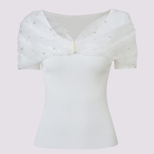 精致浪漫感网纱堆褶针织衫25夏款气质感上衣女(货号:MF86SW002A1001) 商品图1