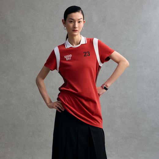 GOODBAI 粗体23logo印花翻领撞色插片织带短袖直筒连衣短裙 商品图0