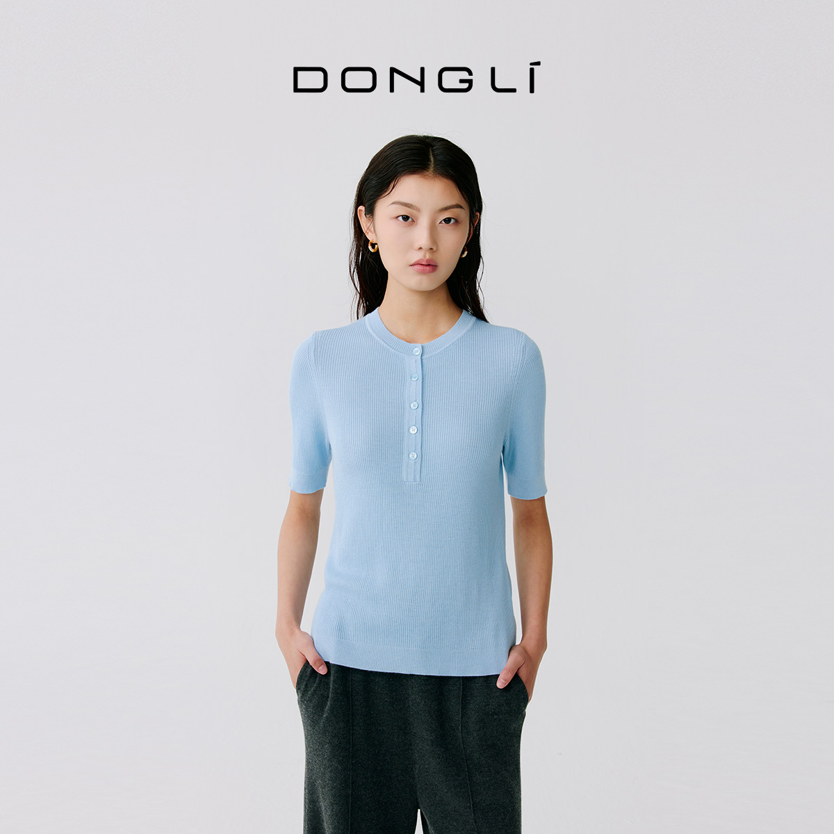 东黎 • 温柔的海风 精英亨利衫 桑蚕丝山羊绒女士圆领短袖 5209
