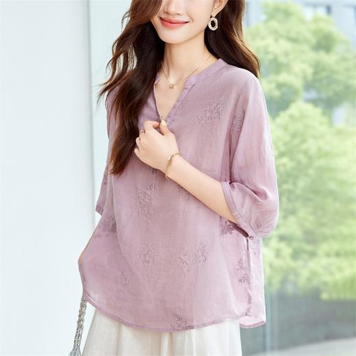 馥迦重工刺绣V领苎麻衬衫 商品图1