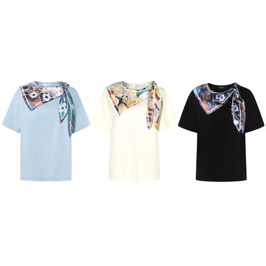 两三事 时光速写 2025夏季新款复古印花三角围巾领短袖t恤女宽松 商品图4