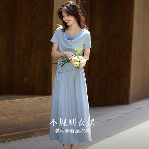 【专属特价】熙世界淡人穿搭气质荡领上衣a字半身裙两件套女夏季时尚减龄套装 商品图2