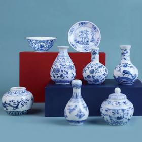 【宫廷青花瓷摆件·真陶瓷】青花缠枝莲纹瓶花卉纹盘玉壶春瓶瓷器手办摆件