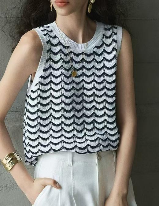 【和纸纱条纹背心】甄选和纸混纺纱线，质地轻盈，光泽柔和干爽的质感JZ2543-CC 商品图2