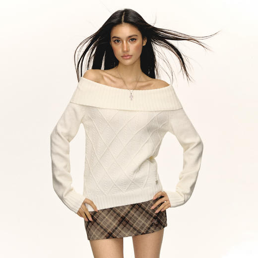 Ariseism美式复古高级感一字肩长袖针织衫女春季新款内搭打底上衣 商品图1