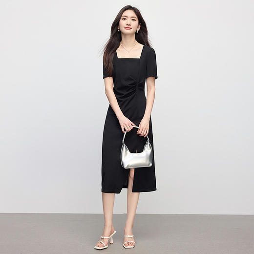 【周末秒杀】熙世界法式赫本方领连衣裙女2025夏天新款气质收腰修身开叉小黑裙 商品图4