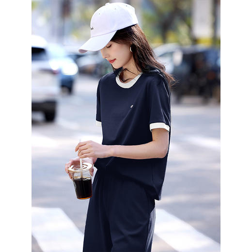 【专属特价】熙世界休闲套装女2025年夏季新款撞色圆领短袖T恤直筒长裤两件套 商品图3