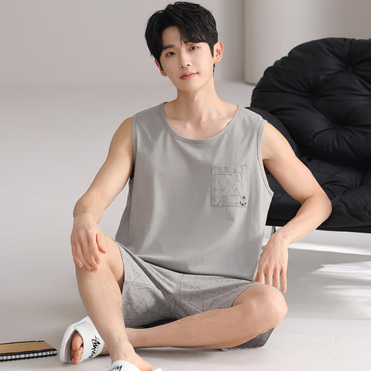 夏季男士纯棉背心睡衣 可外穿休闲家居背心短裤家居服套装 商品图7