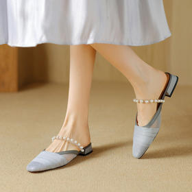 【预售5天】2cm法式珍珠网纱仙女风包头半拖鞋，外穿粗跟低跟灰色KYD&DK990