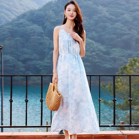 玳莎印花真丝吊带裙2025年夏季新款清新休闲系带收腰桑蚕丝连衣裙  FB35007